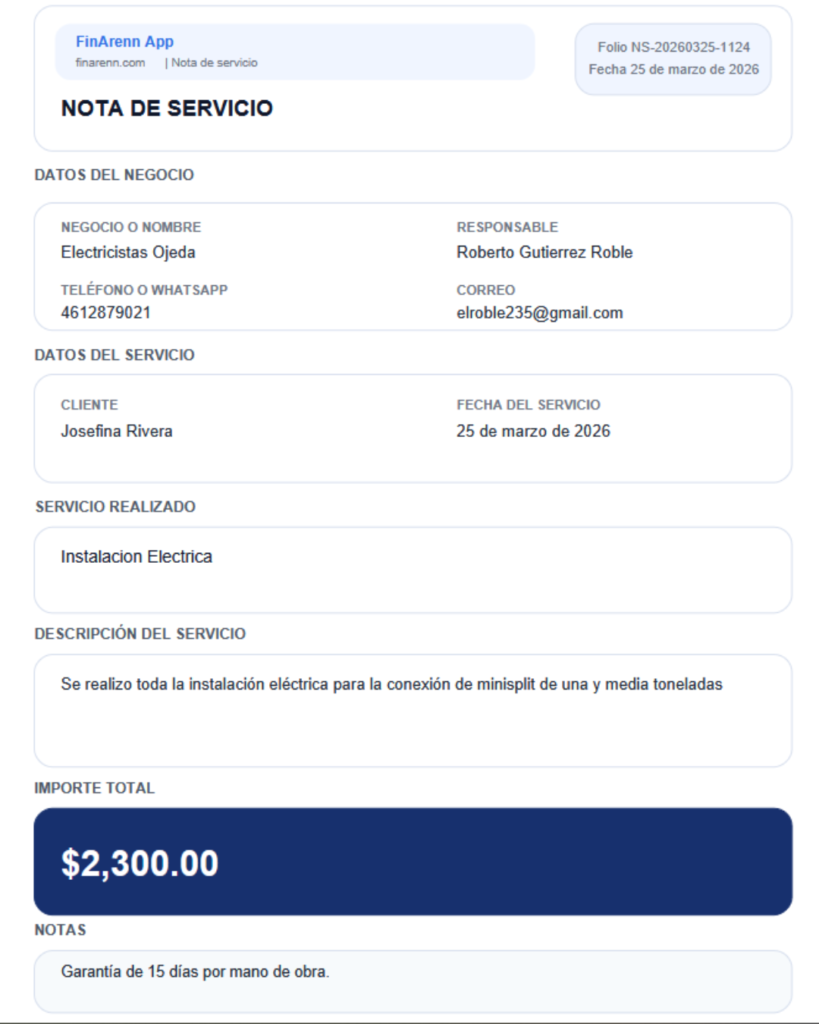 ejemplo de nota de servicio