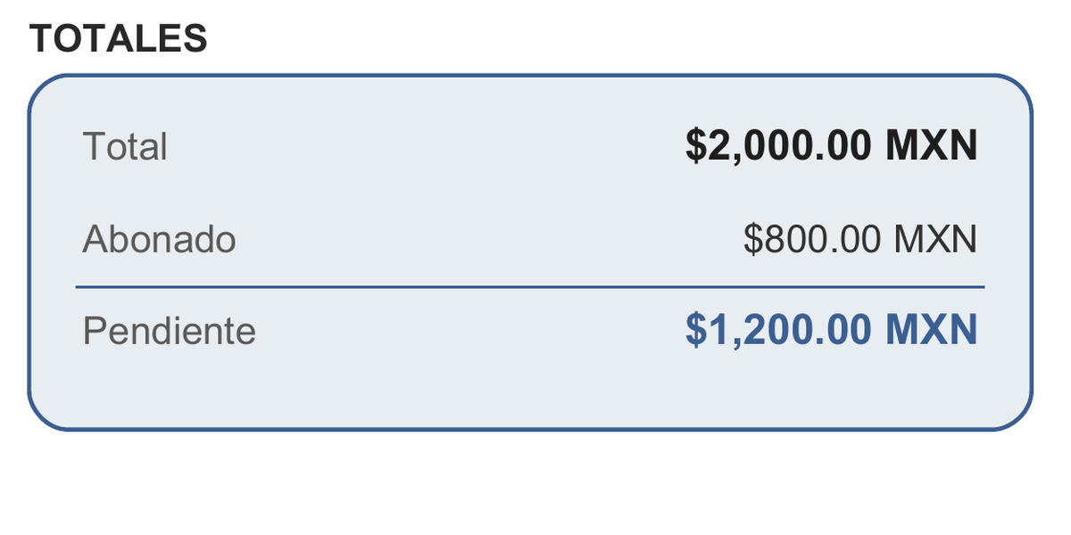 Detalle del PDF V1 del mismo ejemplo: total 2,000 pesos, abonado 800 y pendiente 1,200.