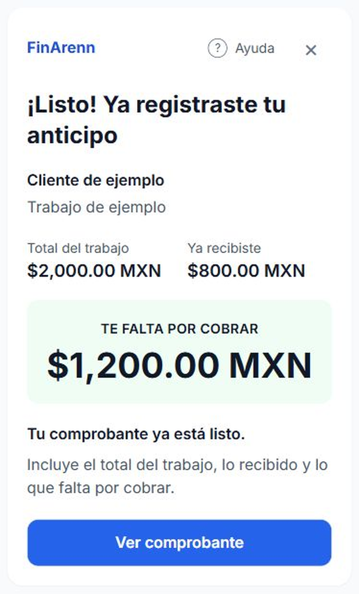 Ejemplo en FinArenn: total del trabajo de 2,000 pesos, 800 recibidos y 1,200 pendientes.